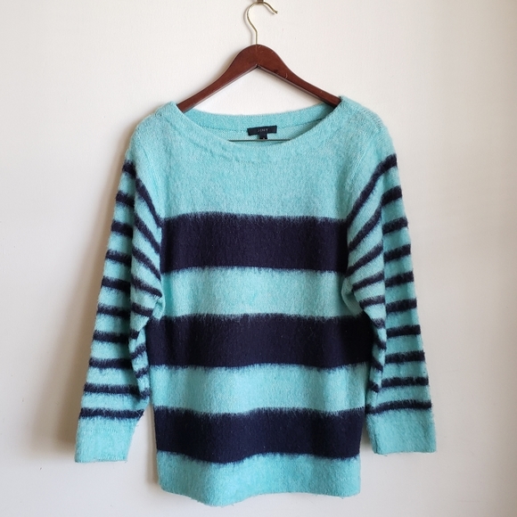 J. Crew Mint Green Navy Fuzzy Knit Pullover Sweater - Picture 2 of 10
